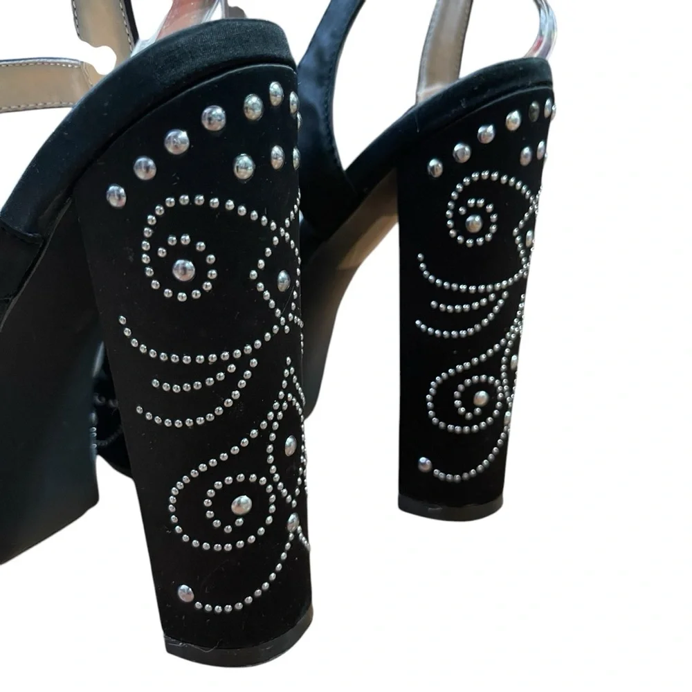 Chic Black Satin Platform Heel Sandals with Silver Studded Accents Ankle strap